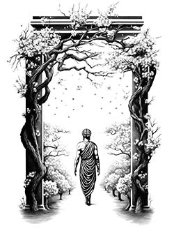 Tattoo template of a figure amidst blooming trees and a starry sky