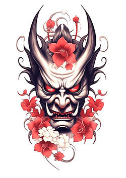 Tattoo template of a demon with red eyes and flowers