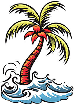 Tattoo template of a palm tree emerging from ocean waves evoking tropical paradise