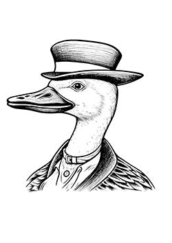 Tattoo template of a sophisticated duck wearing a suit and top hat, exuding charm and class