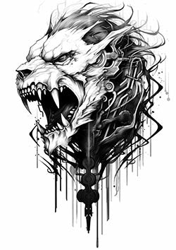 Tattoo template of a mechanical lion roaring