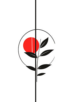 Tattoo template of a minimalist plant with black leaves and a red sun