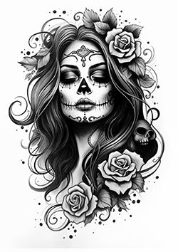 Tattoo template of a sugar skull woman with roses in black and grey style