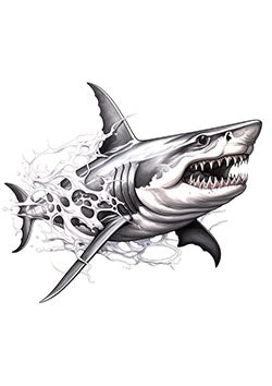 Tattoo template of a fierce shark breaking through water with jagged teeth and splashes