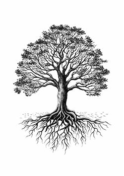 Tattoo template of a majestic tree with deep roots and extensive branches, symbolizing growth and strength