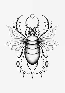 Tattoo template of a mystical beetle with wings and celestial elements