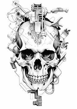 Tattoo template of a mechanical skull fused with gears and machinery