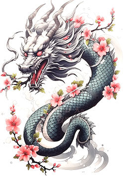 Tattoo template of a dragon with cherry blossoms