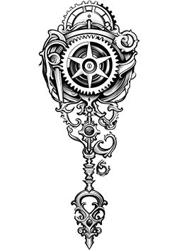 Tattoo template of a detailed steampunk design with gears and ornamental elements.