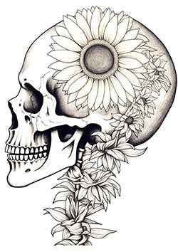 Tattoo template of a skull intertwined with blooming sunflowers, representing the contrast between life and death.