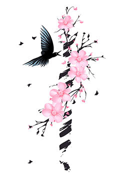 Tattoo template of a swallow and cherry blossoms in silhouette style