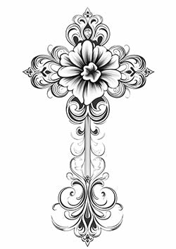 Tattoo template of a stylized floral cross with filigree elements