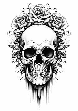 Tattoo template of a detailed skull with roses and leaves