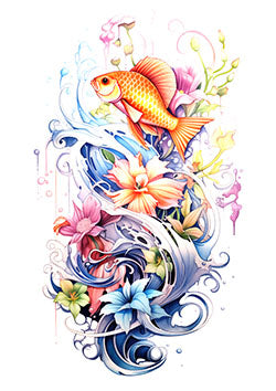 Tattoo template of a colorful koi fish with surrounding flowers and waves