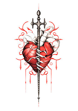 Tattoo template of a heart pierced by a sword and entwined with vines