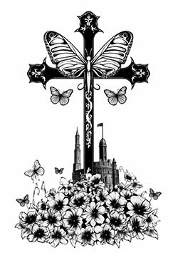 Tattoo template of a gothic cross with butterflies and flowers.