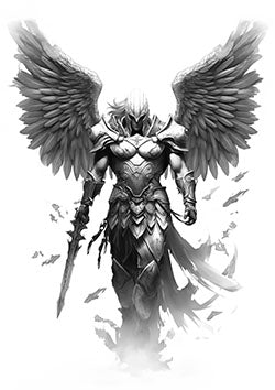 Tattoo template of a winged knight in majestic armor exuding divine protection and strength