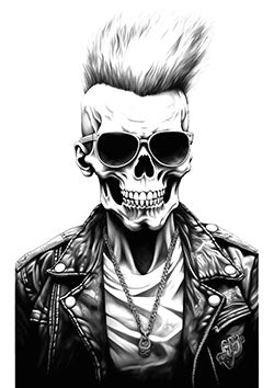 Tattoo template of a skeletal figure with a spiked mohawk and sunglasses in a black leather jacket