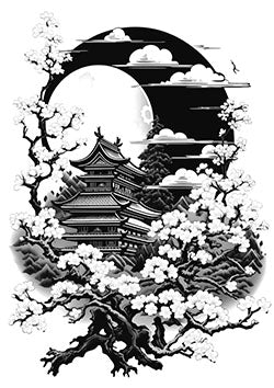 Tattoo template of a Japanese pagoda and cherry blossoms with a full moon