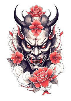 Tattoo template of a Japanese Oni demon with roses