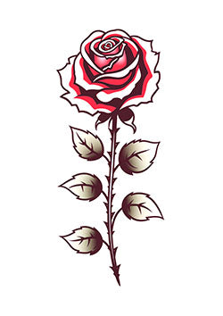 Tattoo template of a red rose with detailed leaves and a stem, symbolizing love and passion