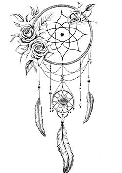 Tattoo template of a dreamcatcher with roses and feathers