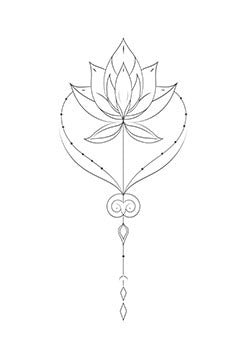 Tattoo template of a lotus with heart-shaped petals and charm