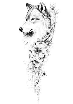 Tattoo template of a wolf head surrounded by flowers blending strength and serenity