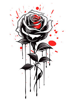 Tattoo template of a black and red rose with dripping ink and expressive splashes