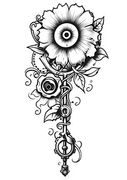 Tattoo template of a mechanical flower with gears and cogs