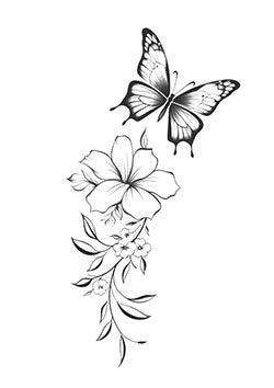 Tattoo template of a butterfly above a hibiscus flower with smaller blossoms and vines