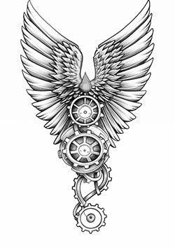 Tattoo template of a mechanical angel with gears and wings conveying harmony and balance