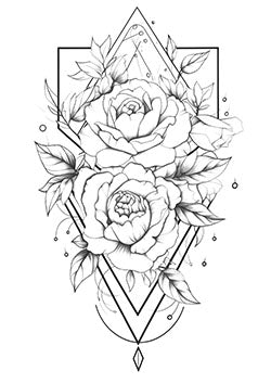 Tattoo template of a geometric rose with delicate foliage