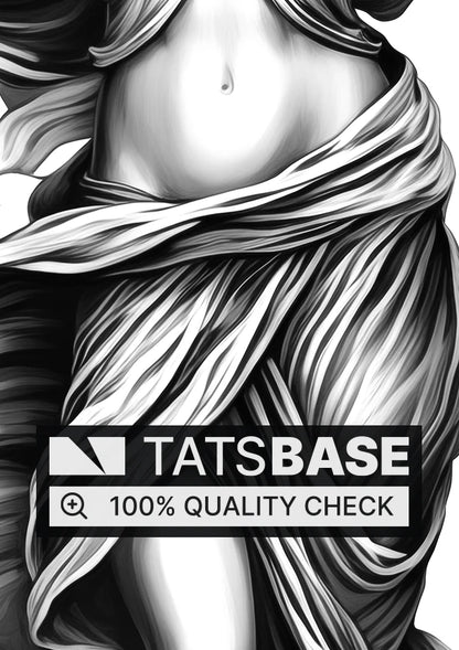 Tattoo template of a Lady Justice holding balanced scales, symbolizing fairness and moral strength.