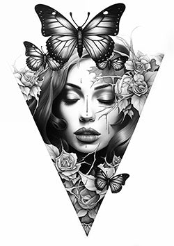 Tattoo template of a woman with butterfly and roses