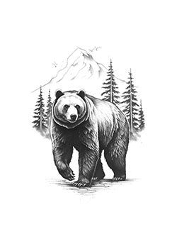 Tattoo template of a bear walking with a mountain and trees background, symbolizing strength and nature