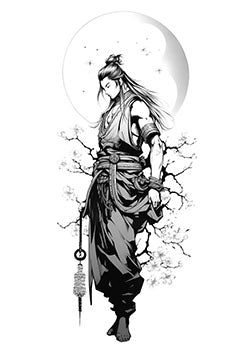 Tattoo template of a ronin under a moon with cherry blossoms