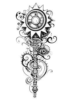 Tattoo template of a mechanical gear with intricate swirls and clockwork elements, symbolizing the fusion of technology and fluidity.