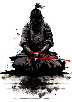 Tattoo template of a reflective samurai warrior seated with katana.