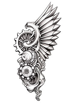 Tattoo template of a mechanical wing with gears and intricate details