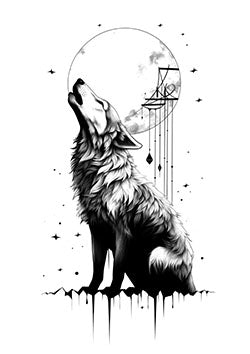 Tattoo template of a howling wolf with a moon and stars