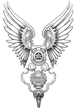 Tattoo template of a mechanical wing design with gears and intricate patterns