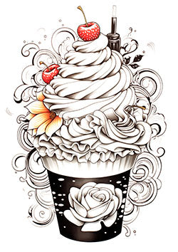 Tattoo template of a cupcake with cherries and floral designs