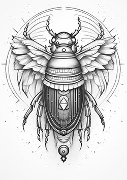 Tattoo template of a detailed mechanical beetle with a celestial halo