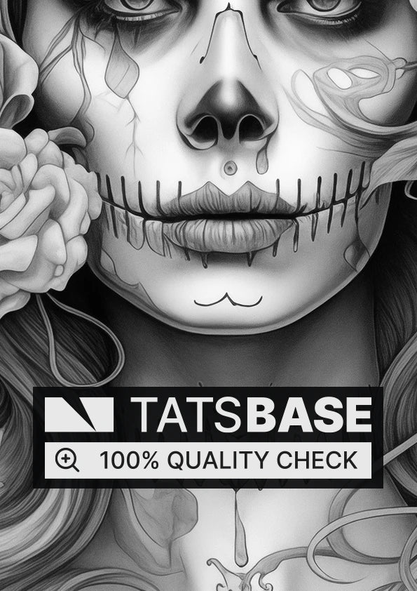 Tattoo template of a woman with a sugar skull face, intertwined with roses and flowing hair