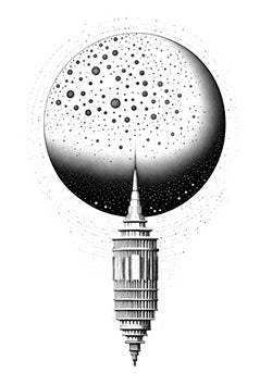 Tattoo template of a building blending with a dotted moon sphere