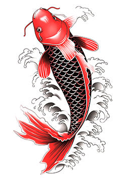 Tattoo template of a red koi fish with water waves