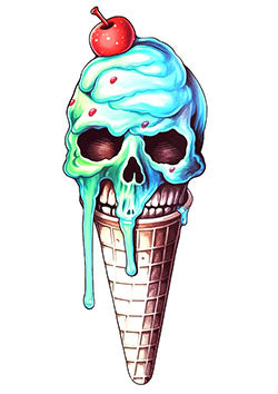 Tattoo template of a melting ice cream cone with a skull face and cherry