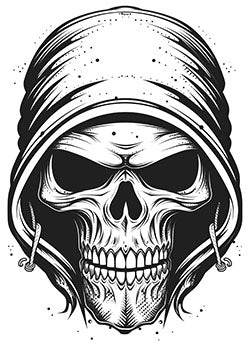 Tattoo template of a skull wearing a hood, conveying an intense and eerie vibe