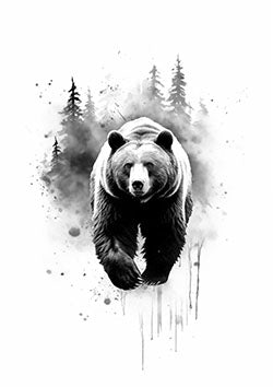 Tattoo template of a bear with forest background in monochrome style